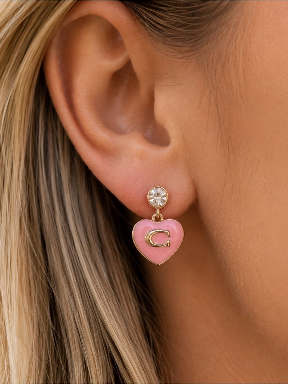 Coach Pink Enamel Heart Crystal Drop Earrings Gold Tone | NWOT